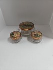 Vtg 3 Pc Glass Vanity Dresser Set Powder Jar Cream Pots Floral Lids Mid Century