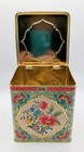    vintage Daher England Floral Tea Tin Hinged Lid Teal Pink Chinoiserie Metal Box