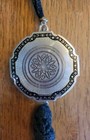 Vintage 1920 Octagonal Chrome Black Enamel Engine Turned Compact Wristlet Tassel