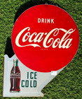 Vintage Original Coca Cola Flange Soda Pop Metal With Bottle Sign 16 By 22 1950