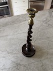 Antique Tall English Oak Open Barley Twist Candlestick Wood Brass 14  Holder