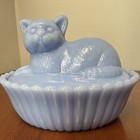 Vintage Westmoreland Cat On Oval Basket Glass Dish Periwinkle Opalescent Ears