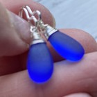 Min Favorit Cobalt Blue Sea Glass Teardrop   Silver Pl Artisan Wrap Earrings