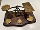 Antique Brass English Postal Scale  Warranted Accurate  Wood Base 5 Weights