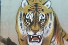 Asian Silk Tiger Tattoo Flash Hand Painted Signed Original 1940 s Art Ooak