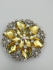 Large Yellow Crystal Brooch Pin Silver Tone Flower Filigree Glass Stones Y2k