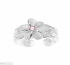 Sterling Silver 925 8mm Hawaiian Plumeria Scroll Toe Ring Cut Out Edge Pink Cz
