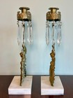 Antique Figural Candleholders French Style Gilt Spelter Marble Crystal Prism S 2