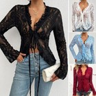 Lady Floral Lace Blouse Sexy Tie Front Top Sheer V-neck Cardigan Ruffle Blouse