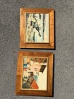 Vintage Mid-century Modern Walnut Framed Art     Matching Pair     19    X 16   
