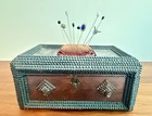 Antique Primitive Tramp Art Wood Wooden Sewing Box W  Pins   Cushion Folk Art