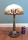 Antique Art Deco Rainaud Custard Uranium Glass Shade Cast Metal 19 5  Table Lamp