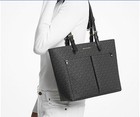 Michael Kors Jet Set Medium Top Zip Pocket Tote Black Gray Mk Logo Gold