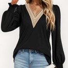 Women s Long Sleeve Shirts Lace V Neck Tops Casual Puff Sleeve Loose Blouses