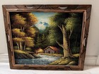 Vintage Black Velvet Painting-cabin On Lazy River With Mountain - Mexico -signed