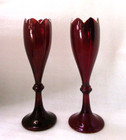 Antique Pr Bohemian Ruby Flashed Seeded Glass Mantle Vases W Knop Cut Castle Rim
