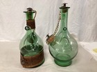 Vintage Set Of 2 Hand Blown Green Glass Italian Wine Decanter With Ice Chamber