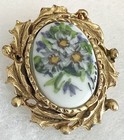 Vintage Artist Painted Violet Flowers Porcelain Brooch Pin Gold Tone Signed 90s
