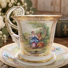 Vintage Porcelain Cup   Saucer Courting Couple Gold Gilt Ornate Pierced Handle