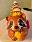 Vintage Fisher Price 1979  172 Roly Raccoon Pull Toy With String Excellent Color