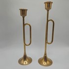 Two Vintage Mid Century Brass Candlestick Holders Bugle Horns 8    And 10 