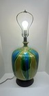 Vintage Mid Century Ceramic Bulbous Melon Drip Glaze Table Lamp Blue Green Large