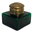 Antique Square Green Glass Inkwell With Brass Lid
