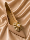 Vintage Women Champagne Faux Pearl Floral Shoe Clips Pair Gold Tone Bridal