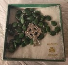 Vtg Irish Green Glass Shamrock Bead Rosary Erin Celtic Cross Religous Christian