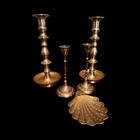 Vintage Lot Of Lacquered And India Brass Candlesticks And Large Shell