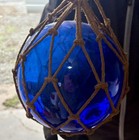 Vtg Japanese Glass Fishing Float Hand Blown Buoy Ball 10    Cobalt Blue W  Rope
