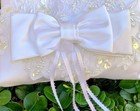 Wedding Ring Bearer Pillow White Lace Pearl Cushion White Bow Flowers Keepsake