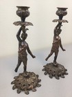 Pair Of Antique Bronzed Cast Iron Art Nouveau Candlesticks Standing Candleholder