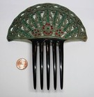 Large Vtg Deco Gray Green Black Early Plastic Red Green Stone Mantilla Hair Comb