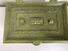 Vintage Sewing Box Lot With Thread Needles Zippers And More Green Ornate