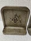 Antique Vintage Pair Of Masonic Freemason Bookends     Solid Cast Metal Book Ends