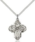Ladies Sterling Silver 4 Way Catholic Medal Pendant Cross Necklace With Chain