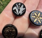 Antique Victorian Black Glass Button Lot Of 7 Intricate Gold Tone Designs 5 8   
