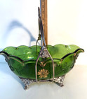 Antique Victorian Green Brides Basket Gilt Decorated  Art Glass Bowl Silverplate