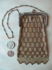 Antique Art Nouveau Silver Floral Frame Brown Checker Enamel Chain Mail Purse