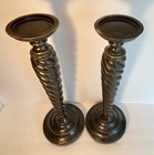 Pair  Vintage Carved Wood Barley Twist Candle Holders 18    Faux Bronze Heavy