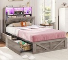 Farmhouse Bed Frame With Bookcase Storage Headboard   4 Drawers  Led Wooden Bed