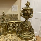 Antique Gilt Bronze Lion Fireplace Andirons Ornate Chenet Style Patina Pair Of 2
