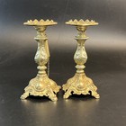 2 Vtg Ornate Baroque Brass Gold Candleholder Snuffer Hollywood Regency Set Pair