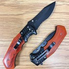 8 75  Wood Red Tactical Spring Assisted Black Open Blade Folding Serrated Knife