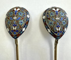 Pair Antique Imperial Russian 84 Silver Enamel Spoons 