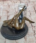 Nude Bronze Sculpture Marble Base Statue Figurine Art Noveau Girl Laying On Rock