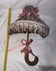 Victorian Floral Fabric Parasol Umbrella Lace Trim Wood Hook Handle Pink Ribbon