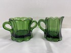 Antique Emerald Green Gold Creamer Pitcher And Sugar Bowl Glass  Scalloped Eapg