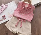Girls Pink Floral Sleeveless Top   Beige Shorts Bow Accent 2t 2 Piece Outfit Set